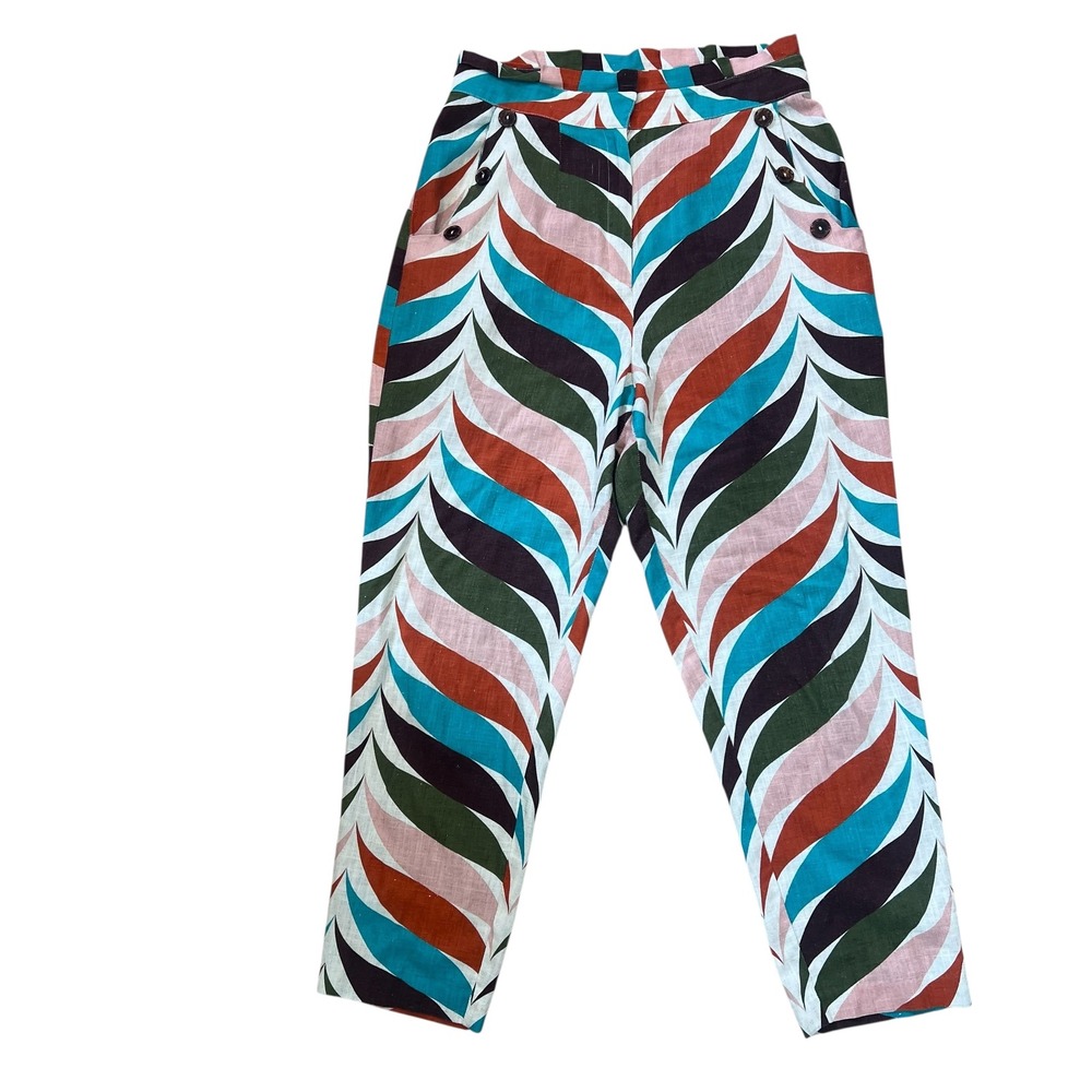 Hutch Womens High Waist Sailor Pants Abstract Feather Print Linen Blend Size 8